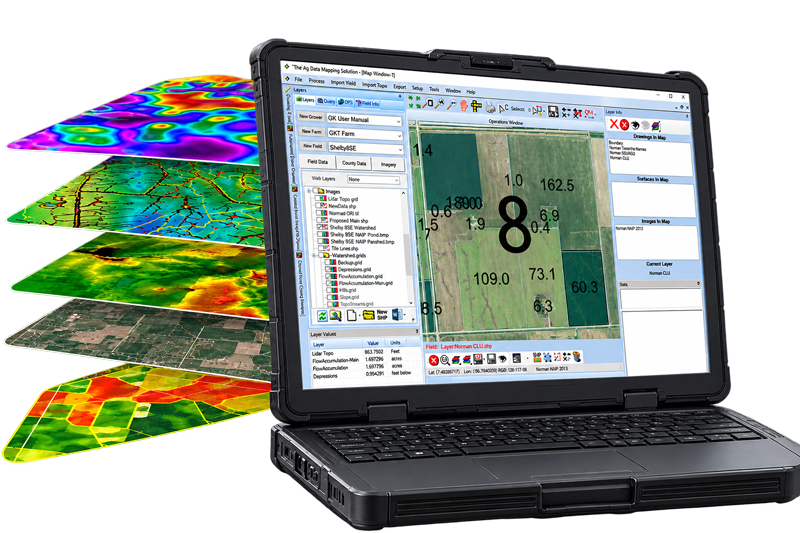 ADMS on a laptop with various elevation maps behind.